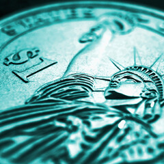 US one dollar coin close-up. Aquamarine tinted square illustration about American money, finance, debt market. Macro