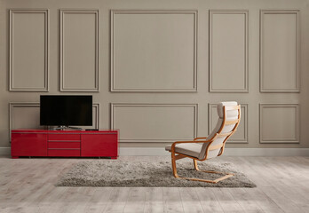 Brown living room classic wall background, red television unit and furniture decor.