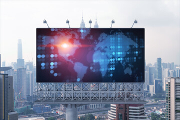 World planet Earth map hologram on billboard over panorama city view of Kuala Lumpur, Malaysia, Asia. The concept of international connections and business.