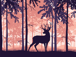 Deer with antlers posing, forest background, silhouettes of trees. Magical misty landscape. Orange, violet and pink illustration. 
