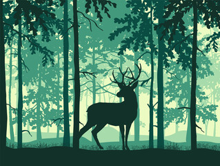 Deer with antlers posing, forest background, silhouettes of trees. Magical misty landscape. Blue and green illustration. 