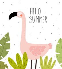 hello summer. cartoon flamingo, hand drawing lettering, decor elements. Summer colorful vector illustration, flat style. design for cards, print, posters, logo, cover
