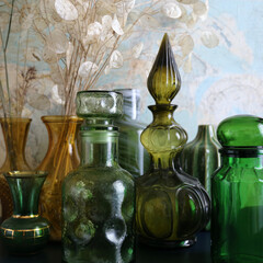 Glassware set, vintage decor, glass bottle and vase