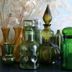 Glassware set, vintage decor, glass bottle and vase