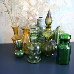 Glassware set, vintage decor, glass bottle and vase