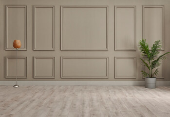 Classic brown wall background, interior room, carpet with chair style, vase of plant detail.