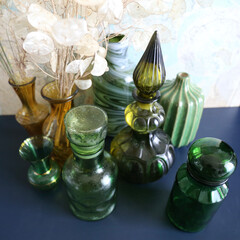 Glassware set, vintage decor, glass bottle and vase