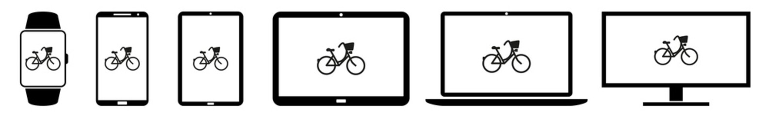 Display Bicycle Bicycles Mountain Bike Icon Devices Set | Web Screen Cycle Biking Cycling Riding Device Online | Laptop Vector Illustration | Mobile Phone | PC Computer Smartphone Tablet Sign Isolated