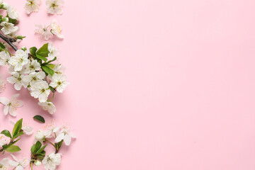Fototapeta na wymiar Blossoming spring tree branch and flowers as border on pink background, flat lay. Space for text