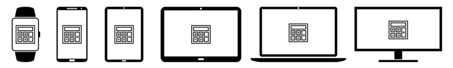 Display Calculator, Machine, mathematics, math Icon Devices Set | Web Screen Device Online | Laptop Vector Illustration | Mobile Phone | PC Computer Smartphone Tablet Sign Isolated