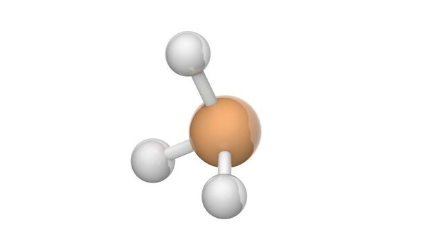 Phosphine (Phosphane or Phosphorus trihydride) is the compound with the chemical formula PH3 or H3P. 3D render. Seamless loop. Chemical structure model: Ball and Stick. White background