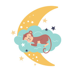Obraz premium Cute monkey sleeps on a cloud next to the moon and stars. Vector illustration in a flat style. Decor for children's posters, postcards, clothing and interior