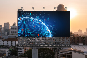 World planet Earth map hologram of social media icons over sunset panoramic cityscape of Bangkok, Southeast Asia. The concept of people connections.