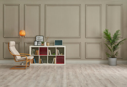 Brown room wall and classic background, white bookshelf lamp and chair decoration.
