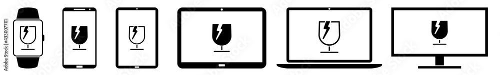 Sticker display glass, fragile, broken icon devices set | web screen device online | laptop vector illustrat