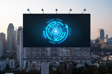 Glowing hologram of technological process on billboard, aerial panoramic cityscape of Bangkok at sunset. The largest innovative hub of tech services in Southeast Asia.