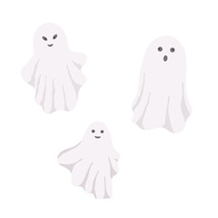 Little cute white ghost with face emotions vector illustration on the white, cartoon spooky simple character colorful drawing for Halloween holiday celebrations, banner, fairy tale character decor