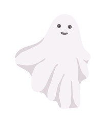 Little cute white ghost with face emotions vector illustration on the white, cartoon spooky simple character colorful drawing for Halloween holiday celebrations, banner, fairy tale character decor