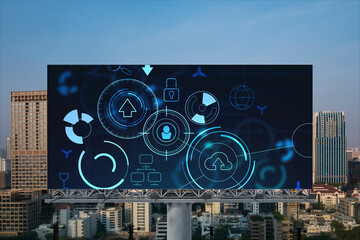 Glowing hologram of technological process on billboard, aerial panoramic cityscape of Bangkok at...