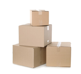 Pile of cardboard boxes on white background