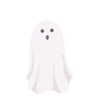 Little cute white ghost with face emotions vector illustration on the white, cartoon spooky simple character colorful drawing for Halloween holiday celebrations, banner, fairy tale character decor
