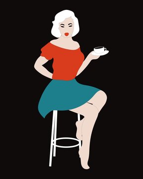Frau auf dem Stuhl mit Tasse Kaffee sexy minimalistisch 