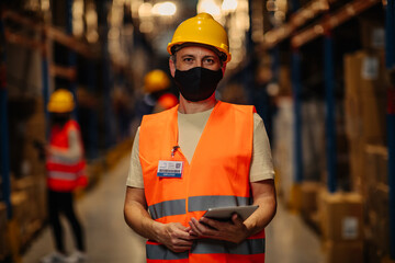 Warehouse worker with face masks during and after coronavirus pandemic