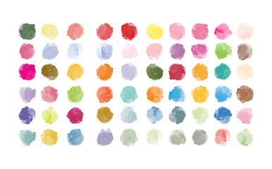 Set of colorful watercolor hand painted round shapes, stains, circles, blobs isolated on white. Illustration for artistic design