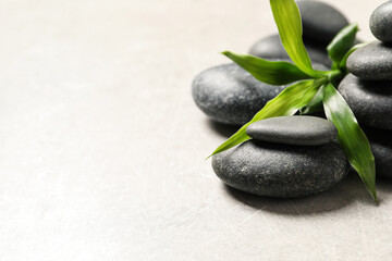 Fototapeta na wymiar Spa stones and bamboo sprout on light grey table, closeup. Space for text