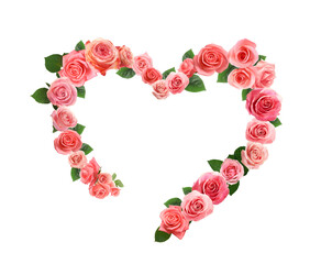 Heart made of beautiful pink roses on white background