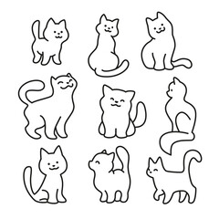Set of funny cute cats and kittens sit, stand, walk smiling isolated on white background. Vector line art icons, flat illustration. For stickers, tags, patterns, cards etc.