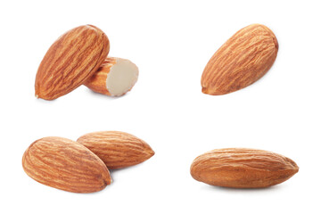 Set with tasty almonds on white background