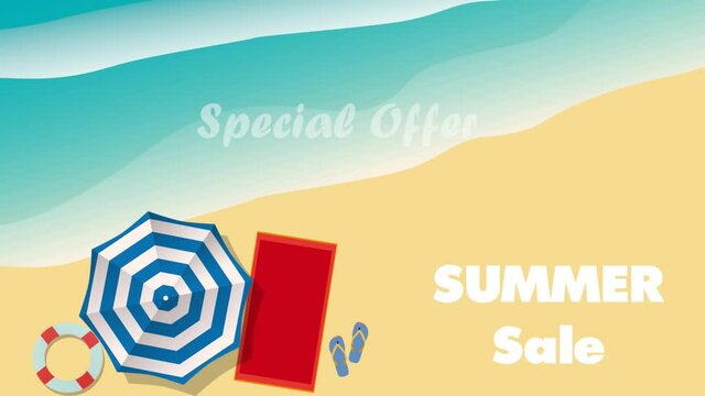 Animated summer sale background. Beach and sea with umbrella and waves of sea,  aerial view of a beach in flat design. Loop footage
