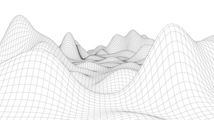 Vector landscape of mountains. Technology futuristic illustration. Vector background of wireframe 3d landscape.