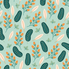 Summer seamless pattern with tropical flowers and leaves. Scandinavian style