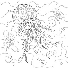 Doodle big and little jellyfishes with simple patterns, waves and bubbles. Underwater illustration on a white isolated background. For coloring book pages.