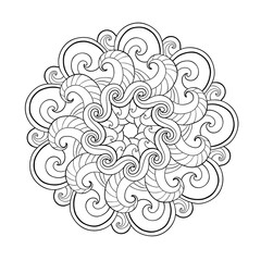 Decorative mandala with wavy and soft patterns on a white isolated background. For coloring book pages.