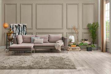 Grey sofa in the brown wall,wooden bench poster and frame style, carpet chair.