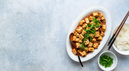 Mapo Tofu, sichuan cuisine, chinese food, top view, space for text