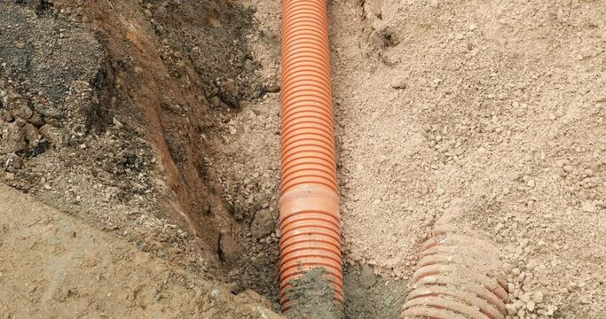 New Sewer Pipes Laid Down On The Construction Site In Leiria, Portugal. - High Angle Shot