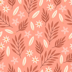 Summer seamless pattern with plumeria, branches, leaves, flowers. Scandinavian style
