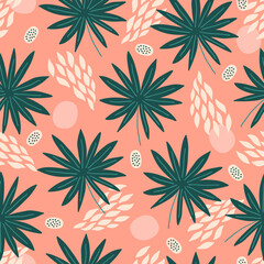 Fototapeta premium Tropical seamless pattern with palm leaves, abstract shapes, dots, circles