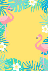 vector background with tropical plants and flamingos for banners, cards, flyers, social media wallpapers, etc.