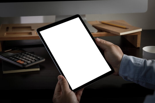 man holding blank screen tablet design  Close up of ipad.mock up tablet computer