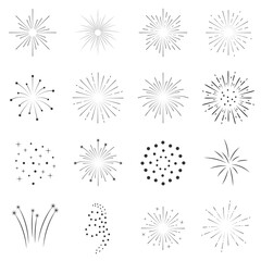 Set geometric form fireworks in simple style. Abstract shape creative frames for print and design. Vector illustration, isolated black elements on a white background.