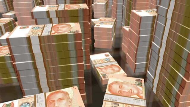 Singapore Dollar money notes packs loop. 3D flight over SGD banknotes stacks towers. Loopable seamless animation. Abstract background concept of business, economy crisis, recession and finance.