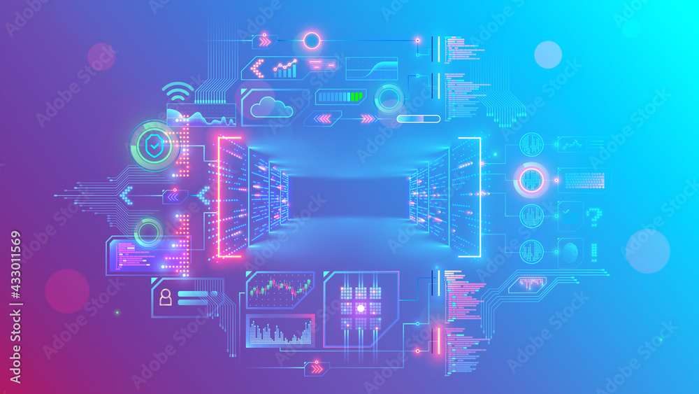 Poster Servers in digital data centers make cloud computing in server rack room. Web online service remote internet storage. Abstract Conceptual computer banner or backgrounds with text place in center.