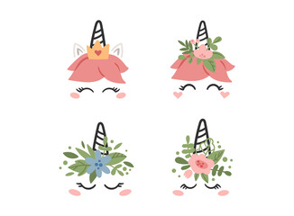 Pink cute unicorn kids isolated clipart bundle