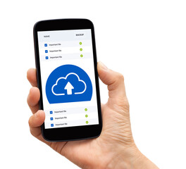 Hand holding a black smart phone with backup cloud storage concept on screen. Isolated on white background.