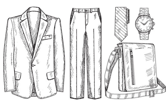 sketch, hand-drawn set, collection of mens clothing for business